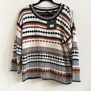NWT Andrew Marc New York Cotton Cream Black Fall Quirky Pattern Sweater MSRP $79